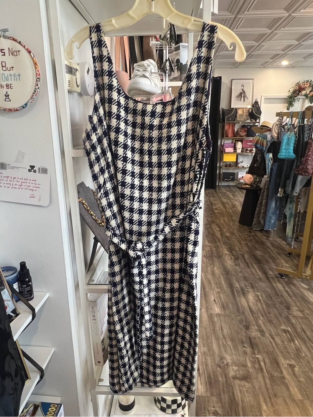 Vintage Sleeveless Houndstooth Belted Dress - Blue & White